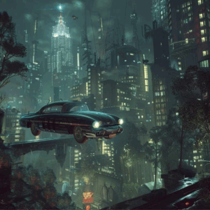 Düstere, futuristische Stadt mit Hochhäusern und fliegenden Autos